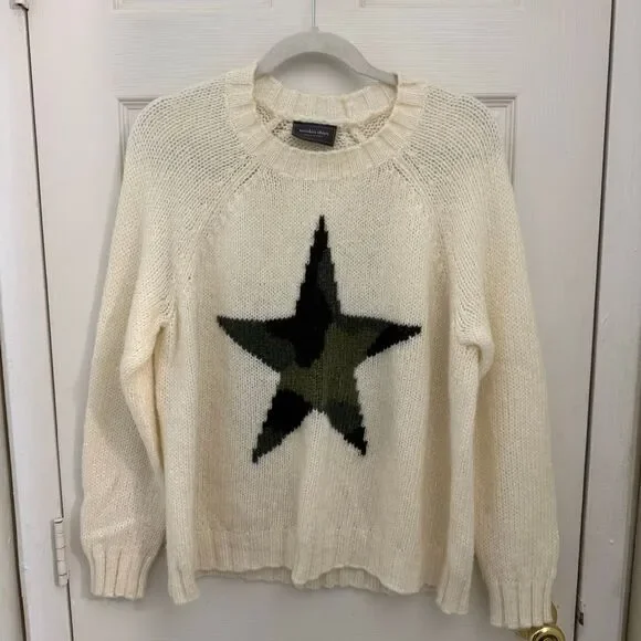 Wooden Ships Camouflage Star Icon Sweater Size Medium Large Cream Mohair Wool - Picture 2 of 6
